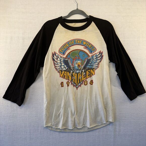 Vtg Van Halen Band Shirt 1984 Tour Of the World Single Stitch 3/4 Raglan flaws